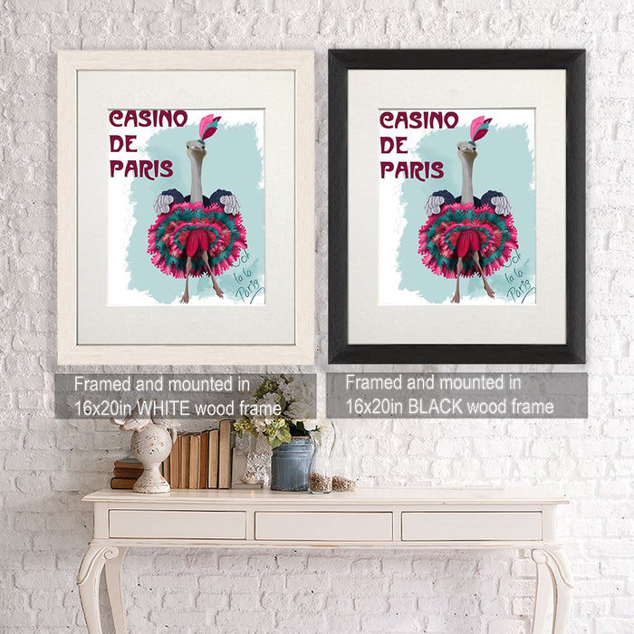Ostrich, Can Can in Pink and Turquoise, Art Print | Framed White
