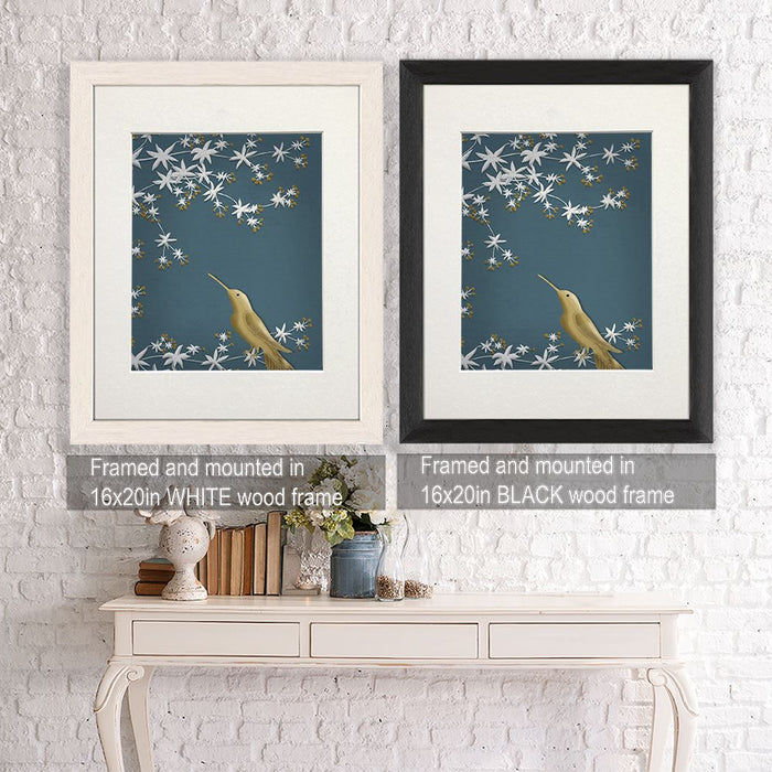 Golden Hummingbird 1, Bird Art Print, Wall Art | Framed White