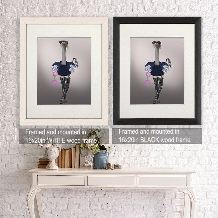 Ostrich with Kinky Boots, Bird Art Print, Wall Art | Framed White