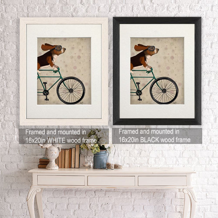 Basset Hound on Bicycle, Dog Art Print, Wall art | Framed Black
