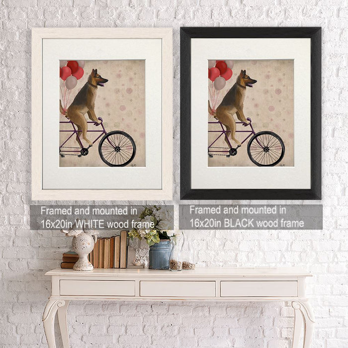 German Shepherd on Bicycle, Dog Art Print, Wall art | Framed Black