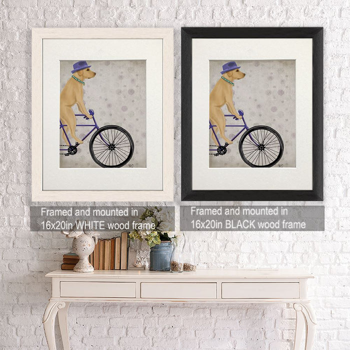 Labrador Yellow on Bicycle, Dog Art Print, Wall art | Framed Black