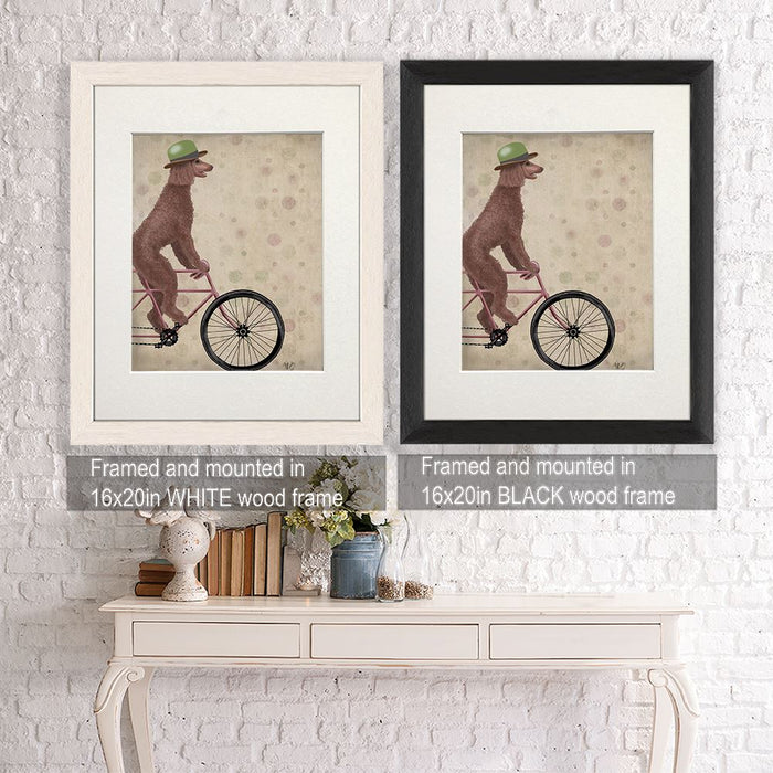 Poodle on Bicycle, Brown, Dog Art Print, Wall art | Framed Black