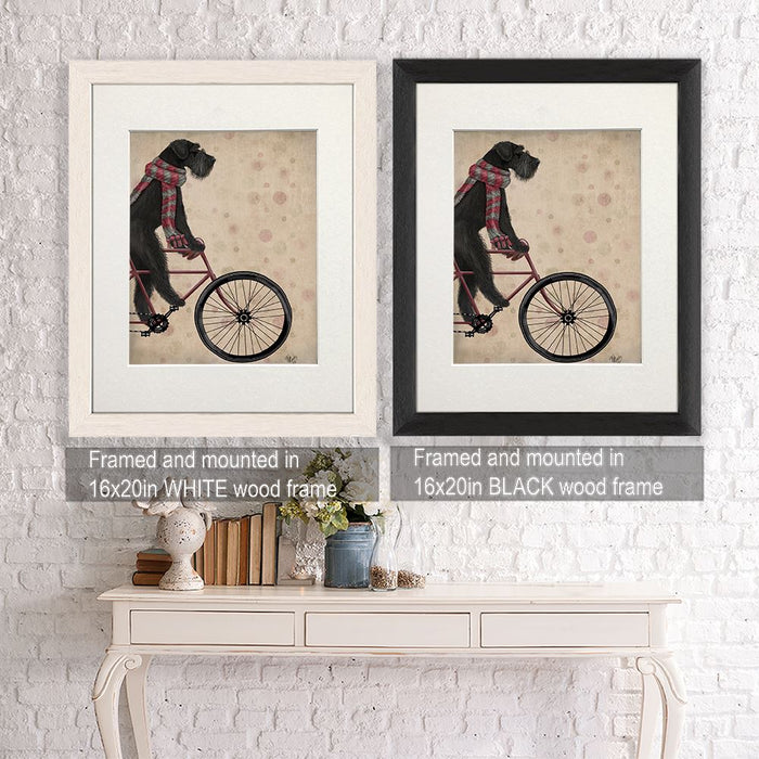 Schnauzer on Bicycle, Black, Dog Art Print, Wall art | Framed Black