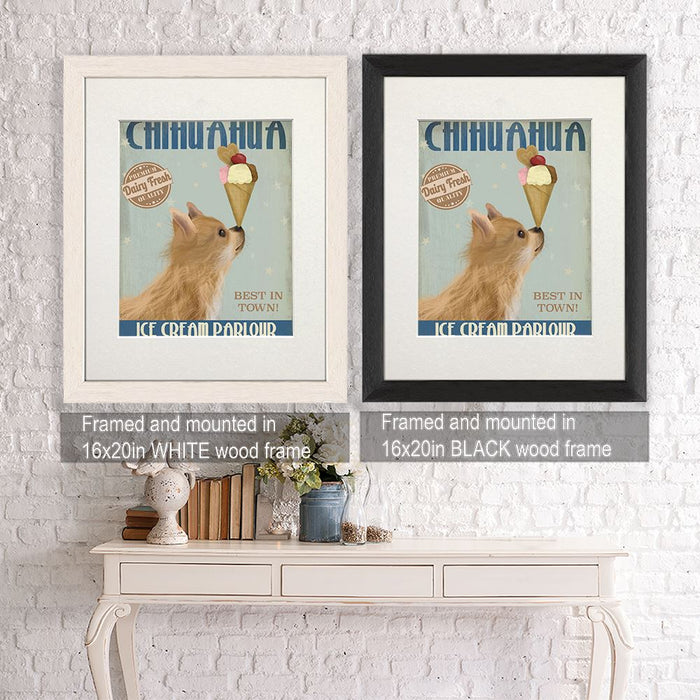 Chihuahua, Long Haired, Ice Cream, Dog Art Print, Wall art | Framed Black