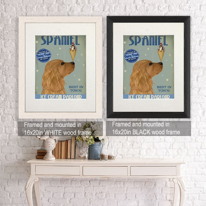 Cocker Spaniel, Golden, Ice Cream, Dog Art Print, Wall art | Framed Black