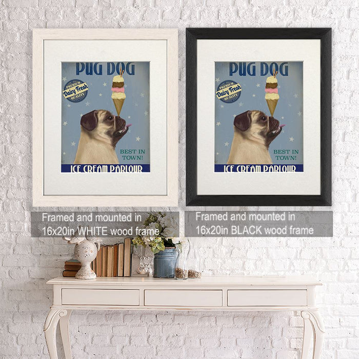Pug, Fawn, Ice Cream, Dog Art Print, Wall art | Framed Black