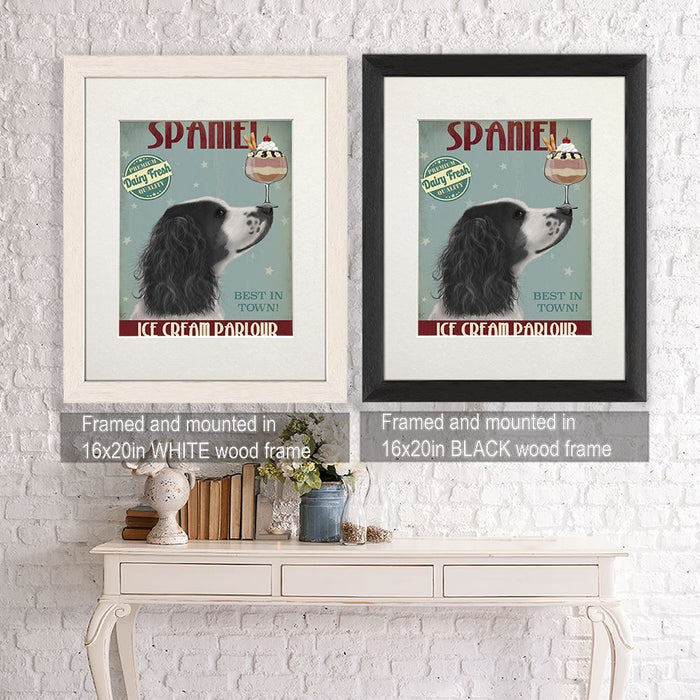 Springer Spaniel, Black and White, Ice Cream, Dog Art Print, Wall art | Framed Black