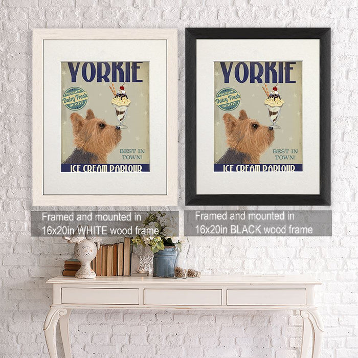 Yorkshire Terrier Ice Cream, Dog Art Print, Wall art | Framed Black