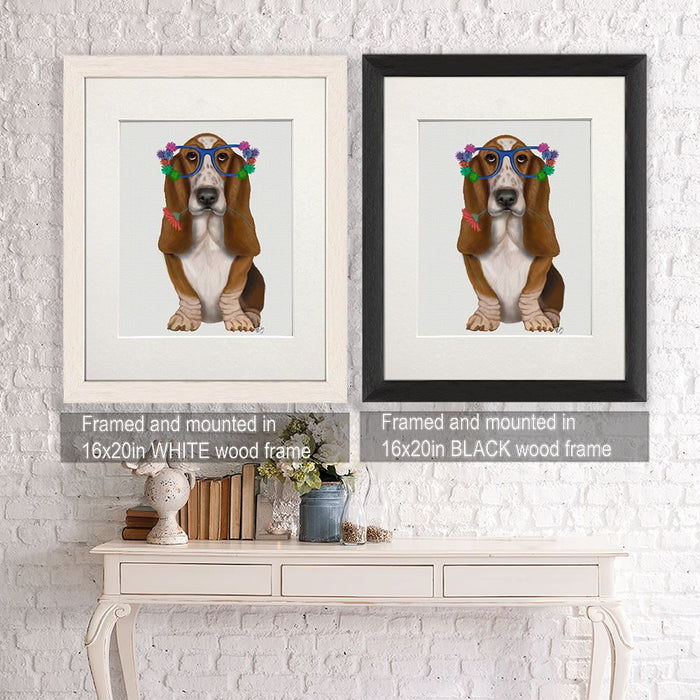 Basset Hound Flower Glasses, Dog Art Print, Wall art | Framed Black
