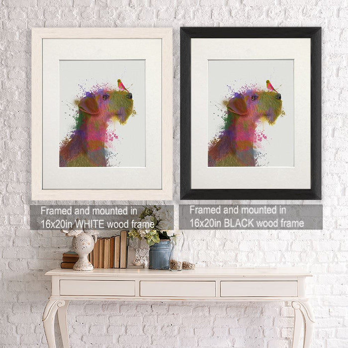 Airedale and Canary Rainbow Splash, Dog Art Print, Wall art | Framed Black