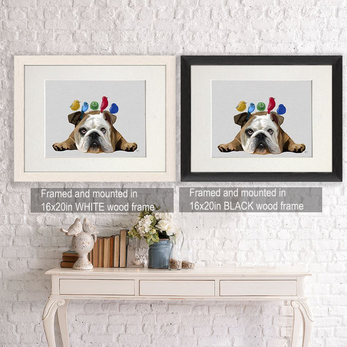 English Bulldog and Birds, Dog Art Print, Wall art | Framed Black