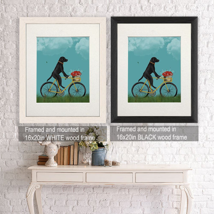 Labrador Black on Bicycle - Sky, Dog Art Print, Wall art | Framed Black