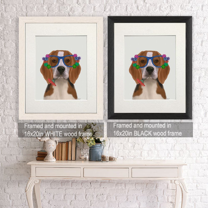 Beagle and Flower Glasses , Dog Art Print, Wall art | Framed Black