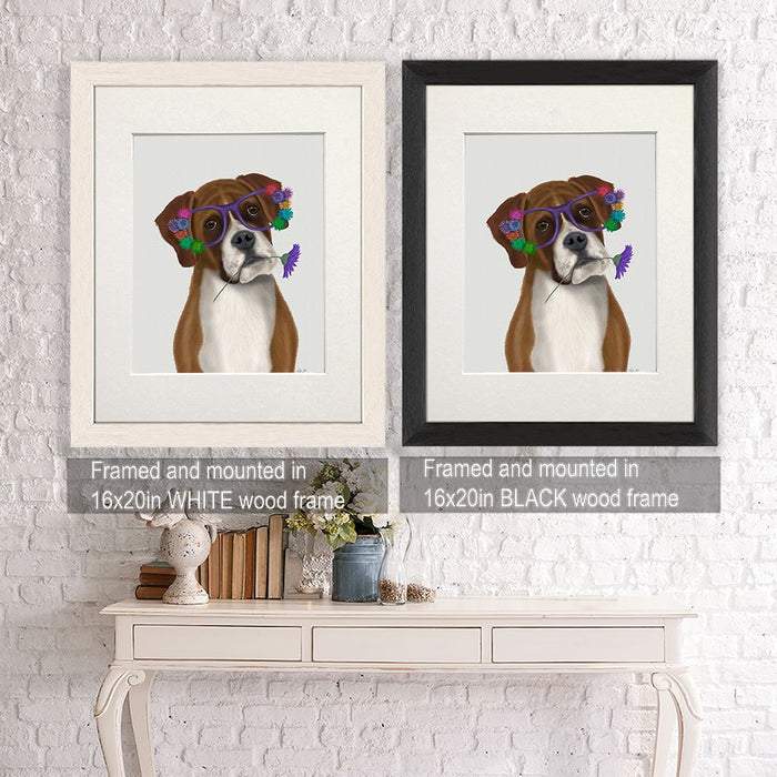 Boxer and Flower Glasses, Dog Art Print, Wall art | Framed Black