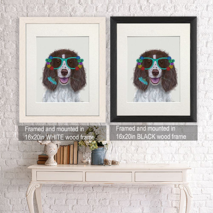 Springer Spaniel and Flower Glasses, Dog Art Print, Wall art | Framed Black