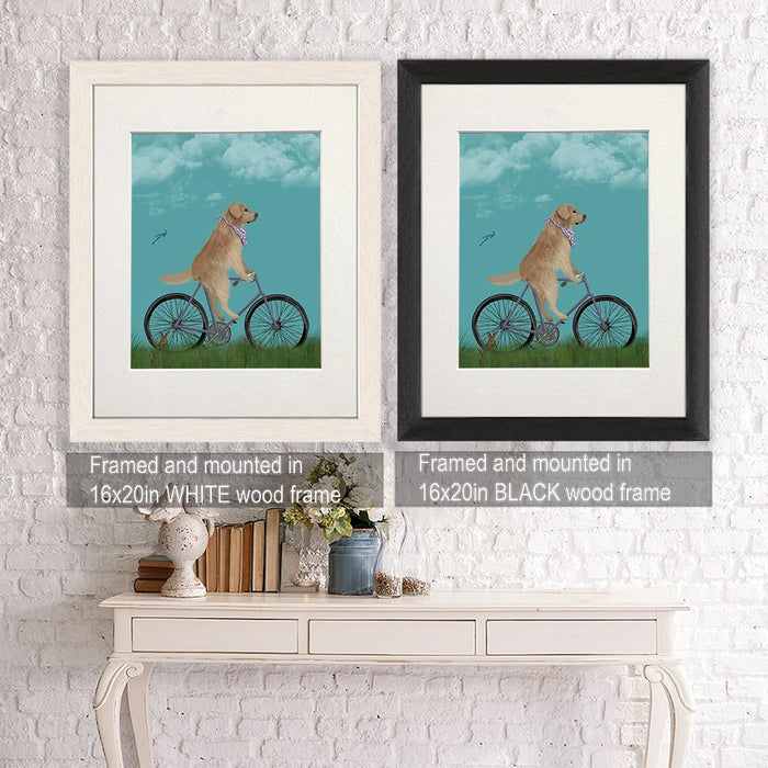 Golden Retriever Bicycle, Dog Art Print, Wall art | Framed Black