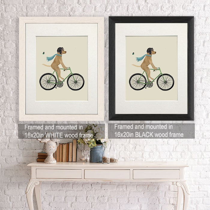 Labrador Yellow in Flying Helmet on Bicycle, Dog Art Print, Wall art | Framed Black