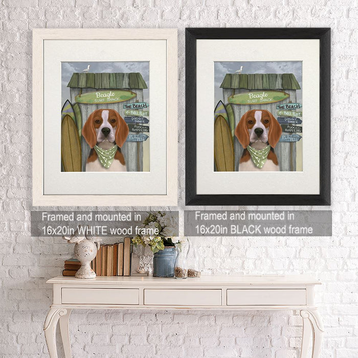 Beagle Surf Shack, Dog Art Print, Wall art | Framed Black