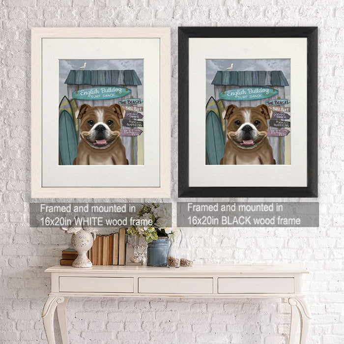 English Bulldog Surf Shack, Dog Art Print, Wall art | Framed Black
