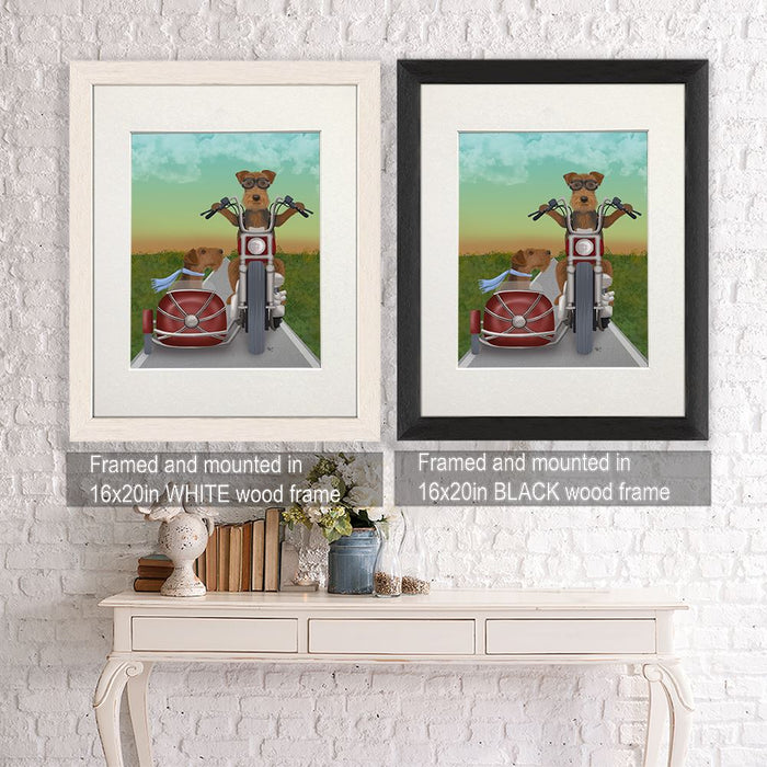 Airedale Chopper and Sidecar, Dog Art Print, Wall art | Framed Black