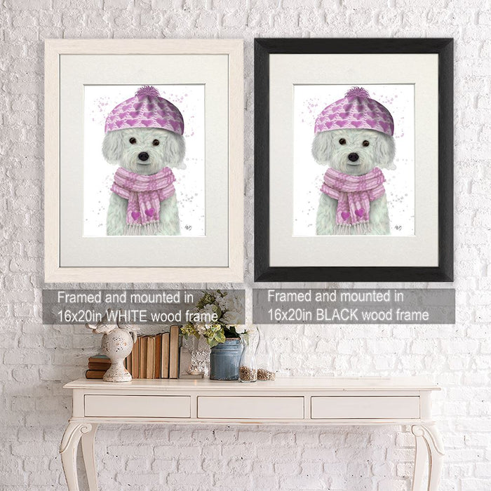 Bichon Frise in Pink Bobble Hat, Dog Art Print, Wall art | Framed Black