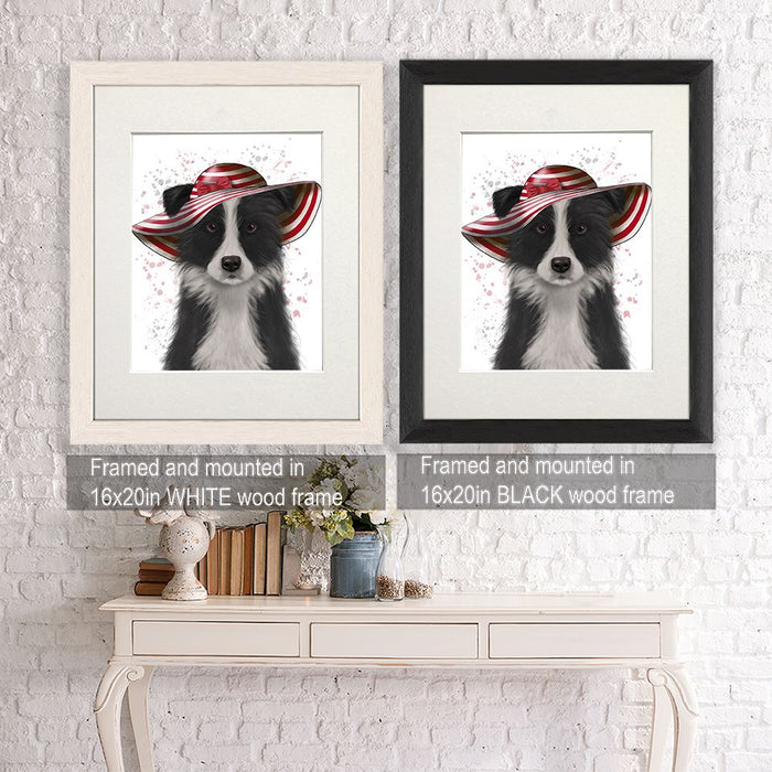 Border Collie in Red and White Floppy Hat, Dog Art Print, Wall art | Framed Black