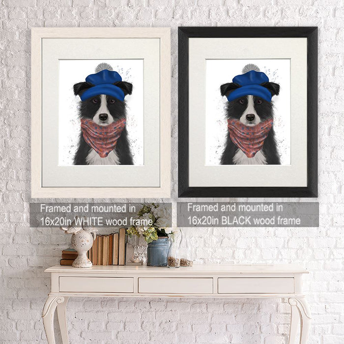 Border Collie in Blue Bobble Hat, Dog Art Print, Wall art | Framed Black
