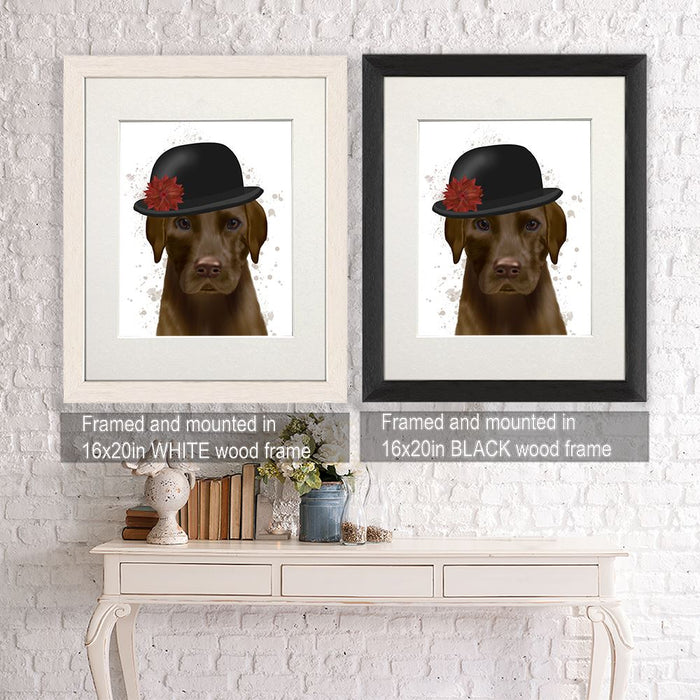 Chocolate Labrador and Bowler, Dog Art Print, Wall art | Framed Black