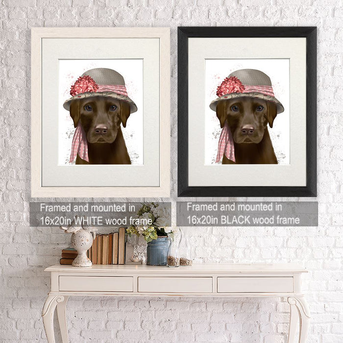 Chocolate Labrador Hat and Pink Scarf, Dog Art Print, Wall art | Framed Black