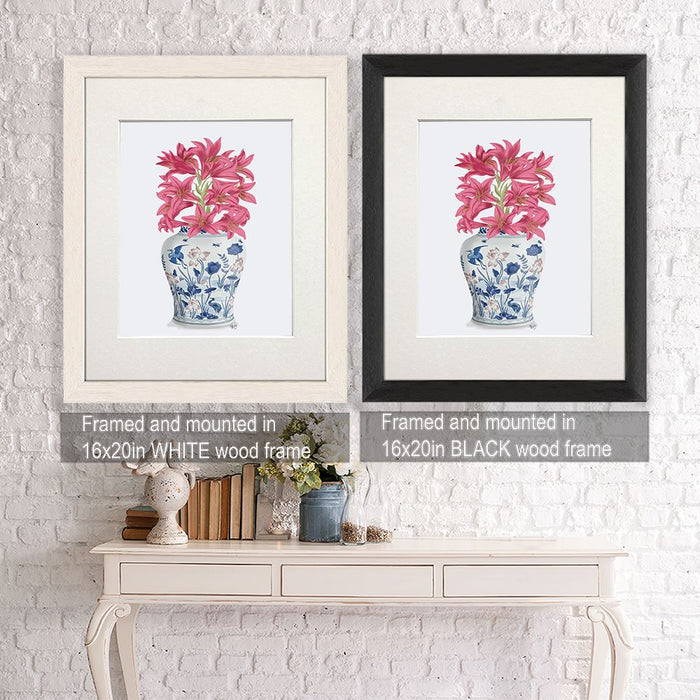 Chinoiserie Lilies Pink, Blue Vase, Art Print