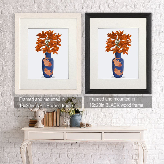 Chinoiserie Lilies Orange, Blue Vase, Art Print