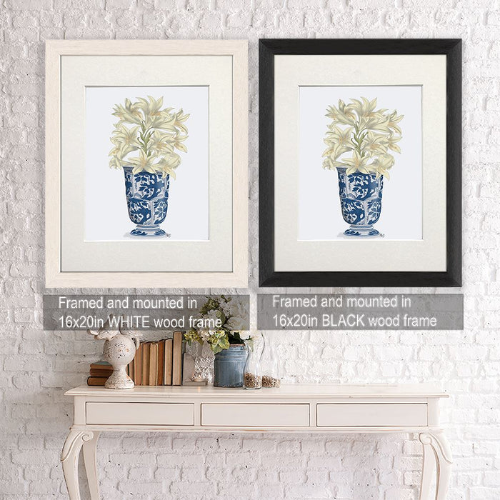 Chinoiserie Lilies White, Blue Vase, Art Print