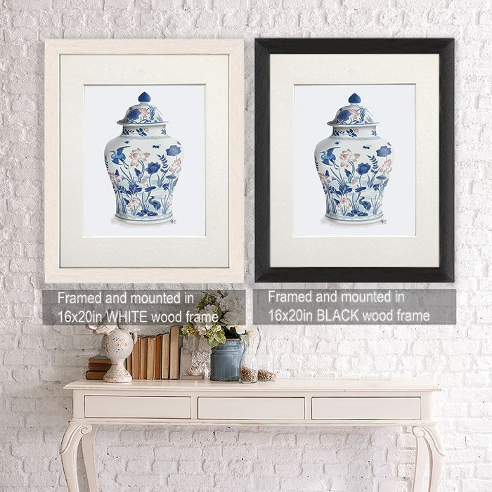 Chinoiserie Vase Crane Garden Blue, Art Print