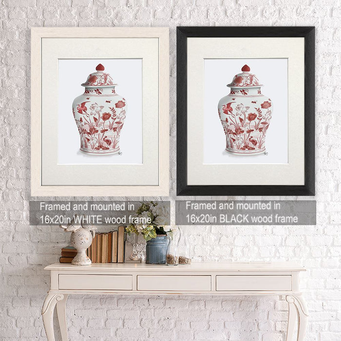 Chinoiserie Vase Crane Garden Red, Art Print