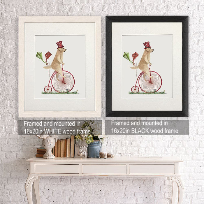 Golden Retriever on Penny Farthing, Dog Art Print, Wall art | Framed Black