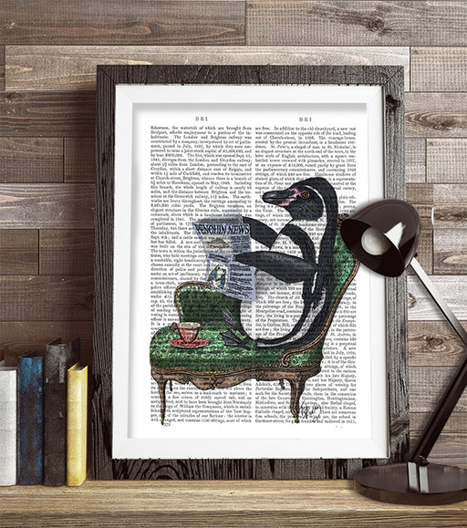 Penguin Reading Newspaper, Antiquarian Book Prints, Art Print, Wall Art —  FabFunky
