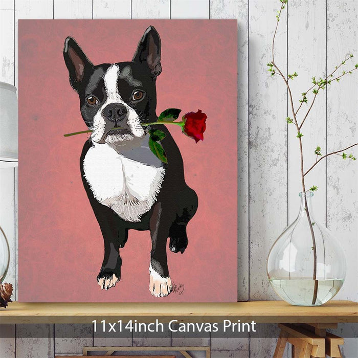 Boston Terrier with Rose in Mouth, Dog Art Print, Wall art | Canvas 28x40inch