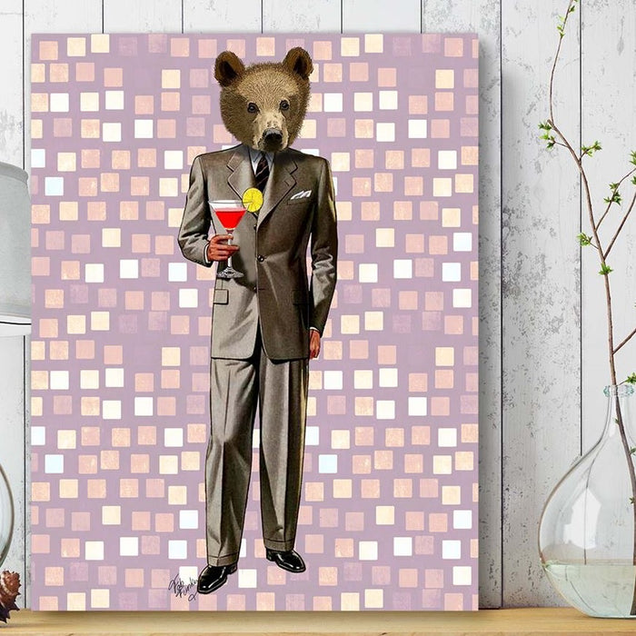 Bear With Cocktail, Animal Art Print, Wall Art | Canvas 18x24inch