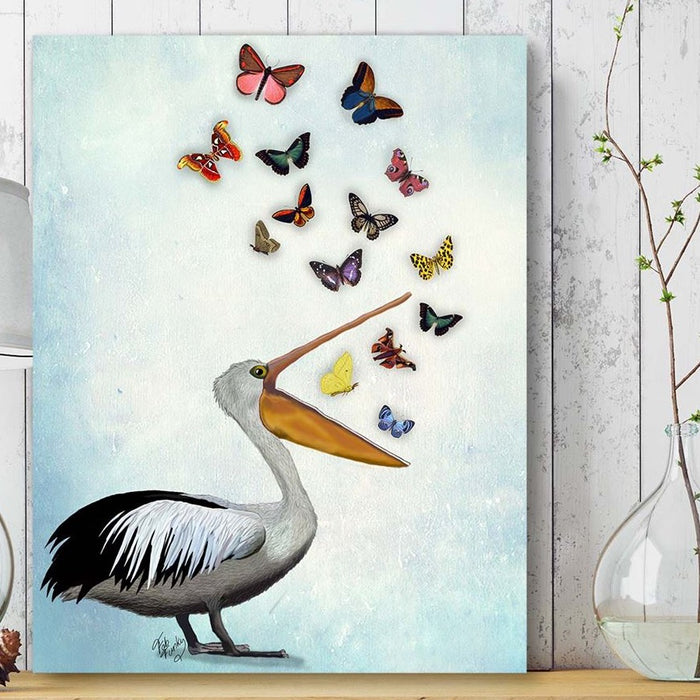 Pelican And Butterflies, Bird Art Print, Wall Art | Print 18x24inch