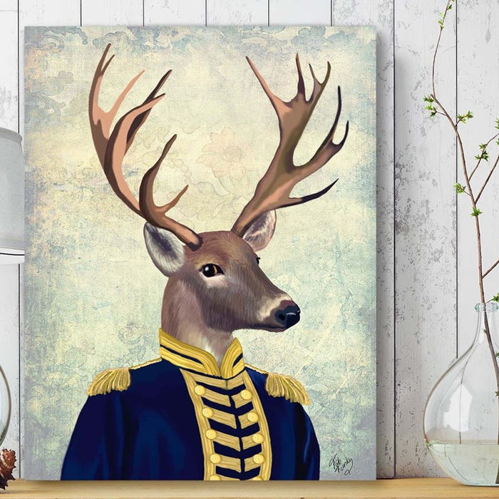 Captain Deer, Animal Art Print, Wall Art | Framed White