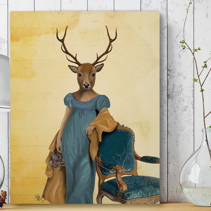 Deer In Blue Dress, Art Print, Canvas Wall Art | Print 18x24inch