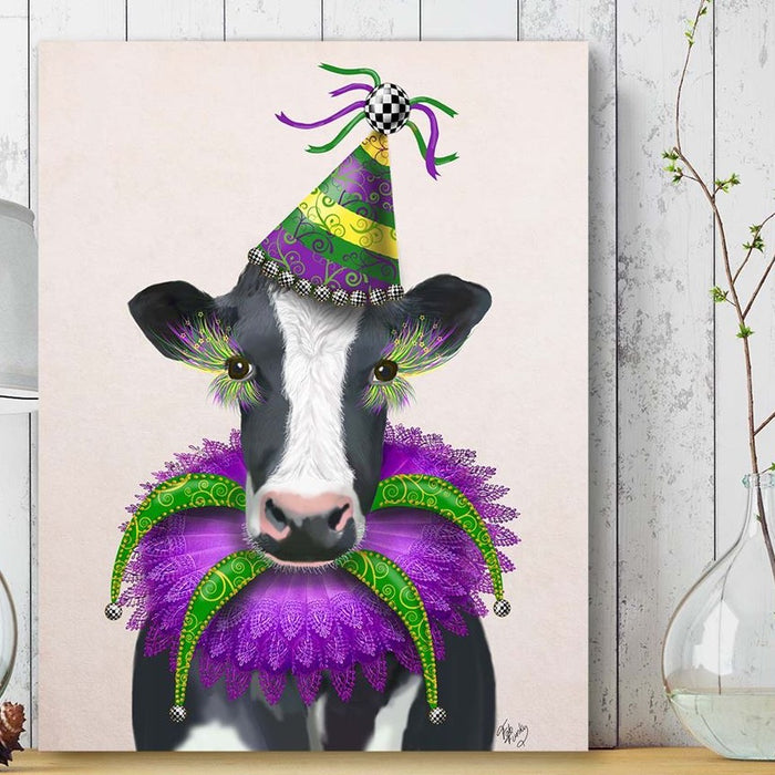 Mardi Gras Cow, Animal Art Print, Wall Art | Framed Black