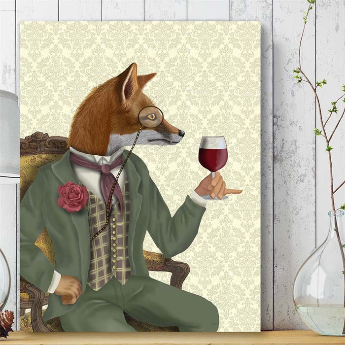 Wine Taster Fox, Portrait, Art Print, Canvas Wall Art | Print 18x24inch