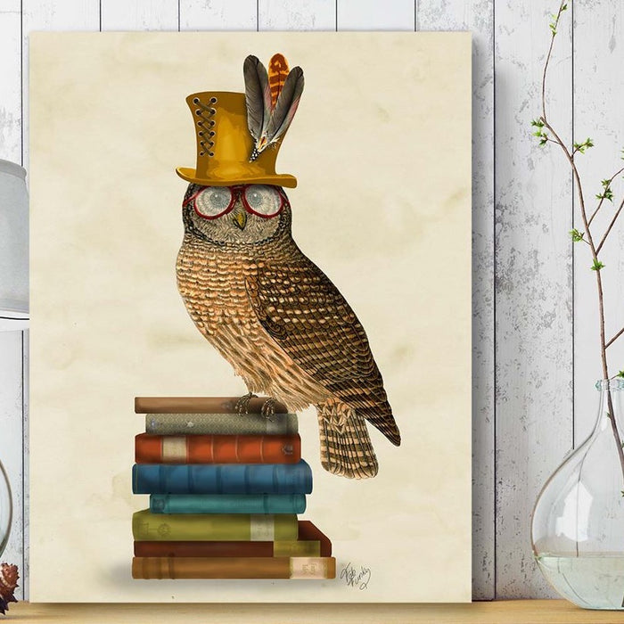 Owl On Books, Bird Art Print, Wall Art | Print 24x36in