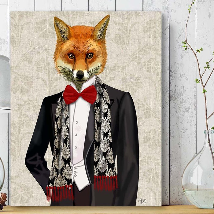 Fox with Red Bow Tie, Art Print, Canvas Wall Art | Print 18x24inch