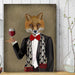Fox in Black Jacket with Wine, Art Print, Canvas Wall Art | Print 18x24inch