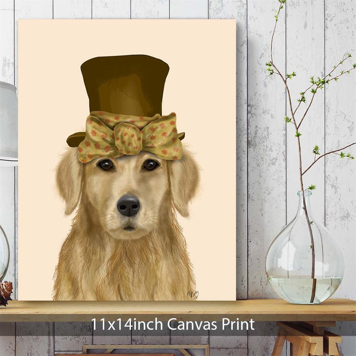 Golden Retriever, Hat and Bow, Dog Art Print, Wall art | Canvas 11x14inch