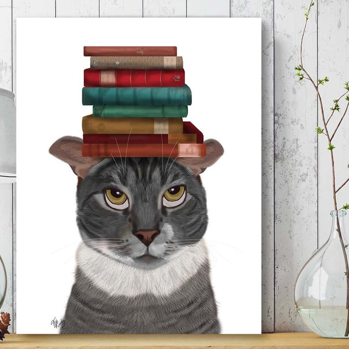 Grey Cat with Books on Head, Art Print, Canvas Wall Art