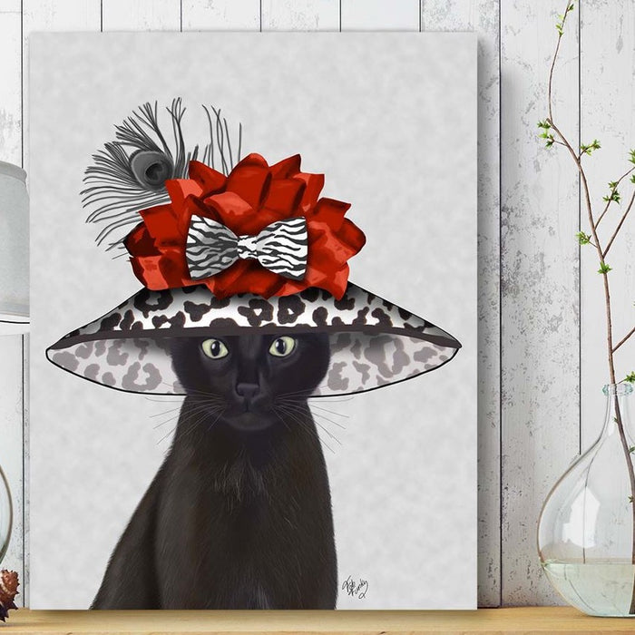 Cat, Black with Fabulous Hat, Art Print, Canvas Wall Art